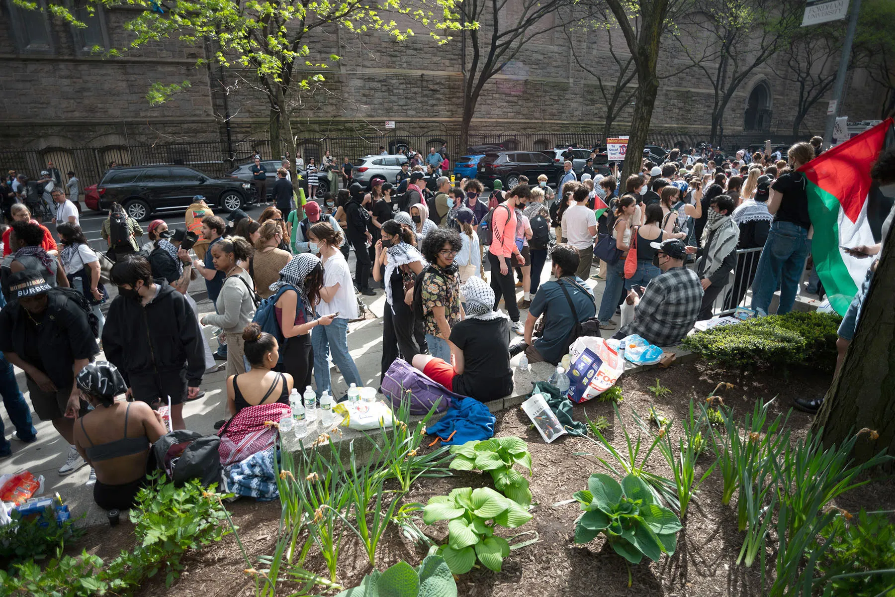Crowds gather outside the Lincoln Center Campus of Fordham University.