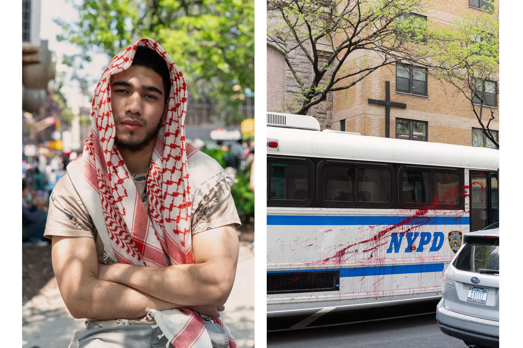 left: A student poses for a portrait at a meeting place for protesters in Chinatown. right: An NYPD bus is splattered in blood-like red paint.
