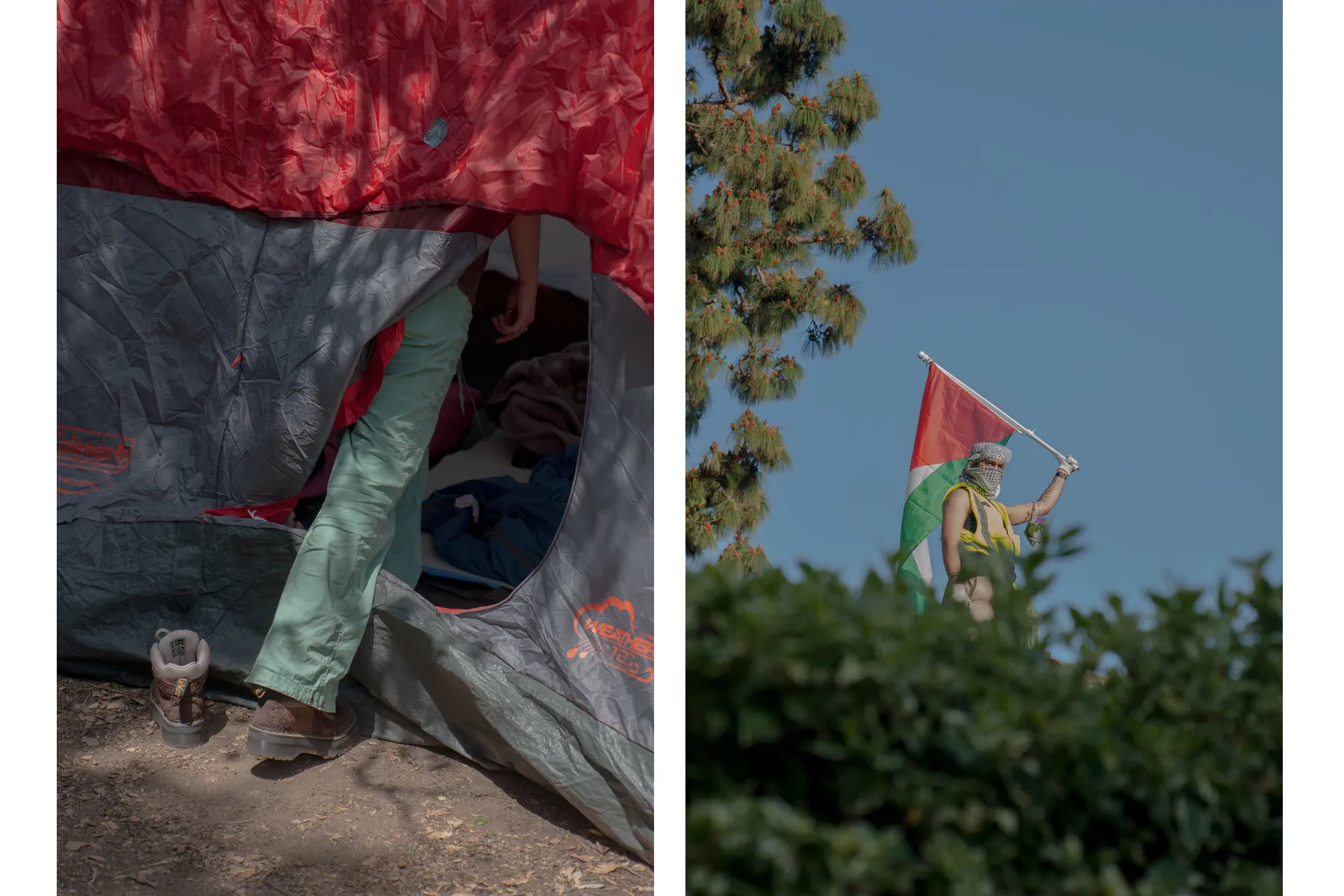 Left: A student steps into their tent at the Occidental College encampment. Right: A protester waves a Palestinian flag at UCLA.