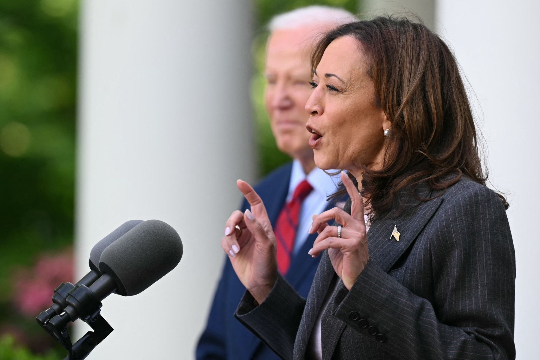 Vice President Kamala Harris speaks in front of a microphone with President Joe Biden in the background
