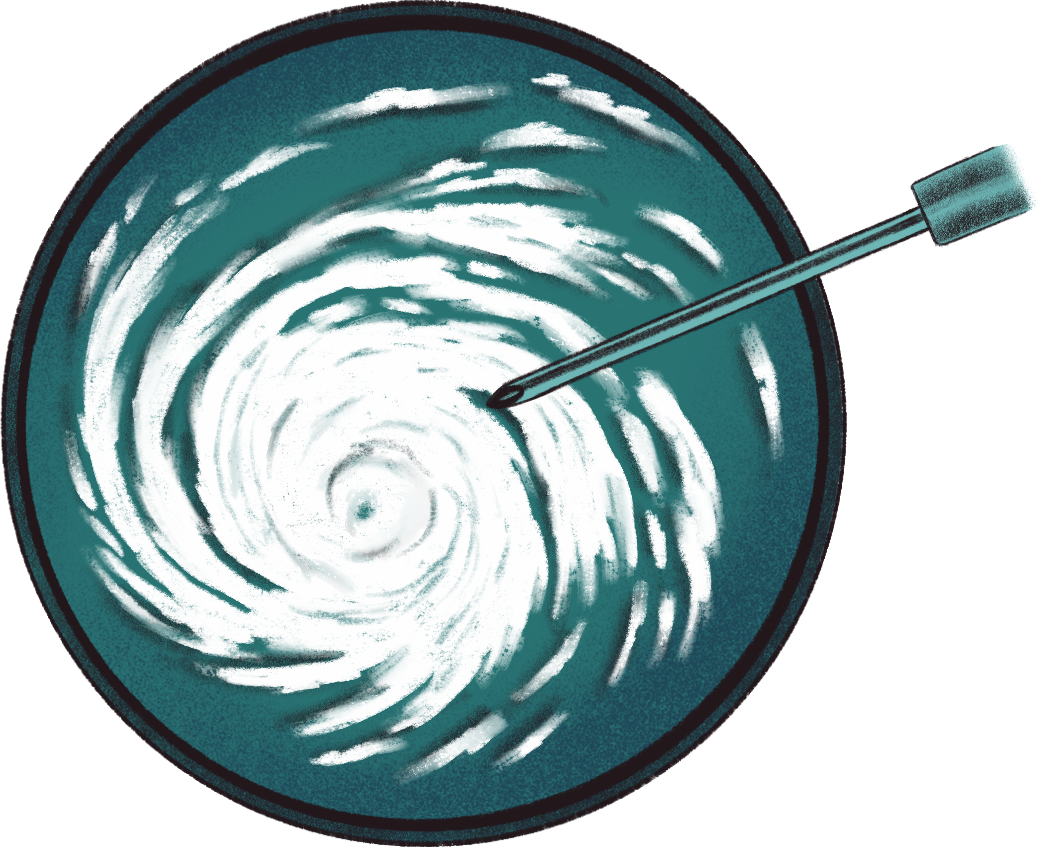Illustration of a hurricane with a dart in it.