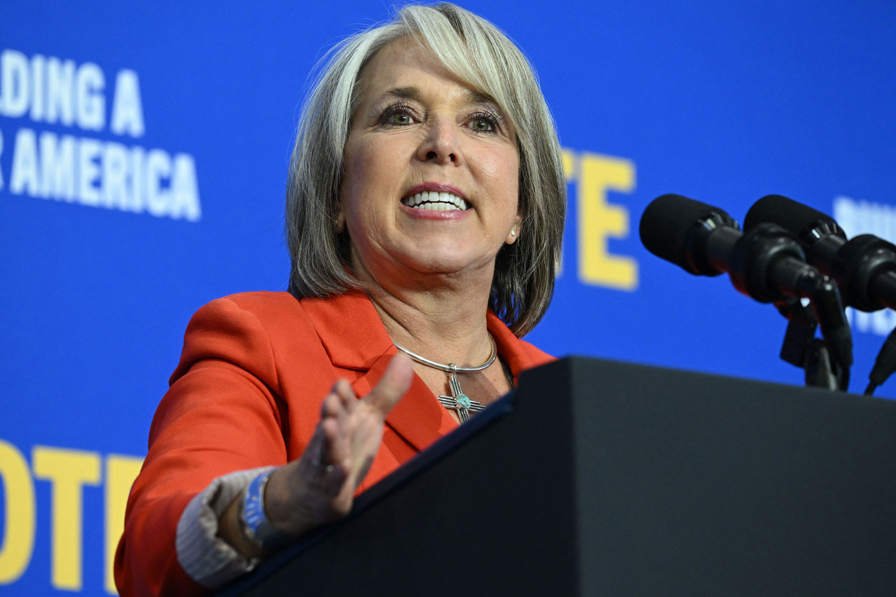 New Mexico State Governor Michelle Lujan Grisham speaks at a rally.