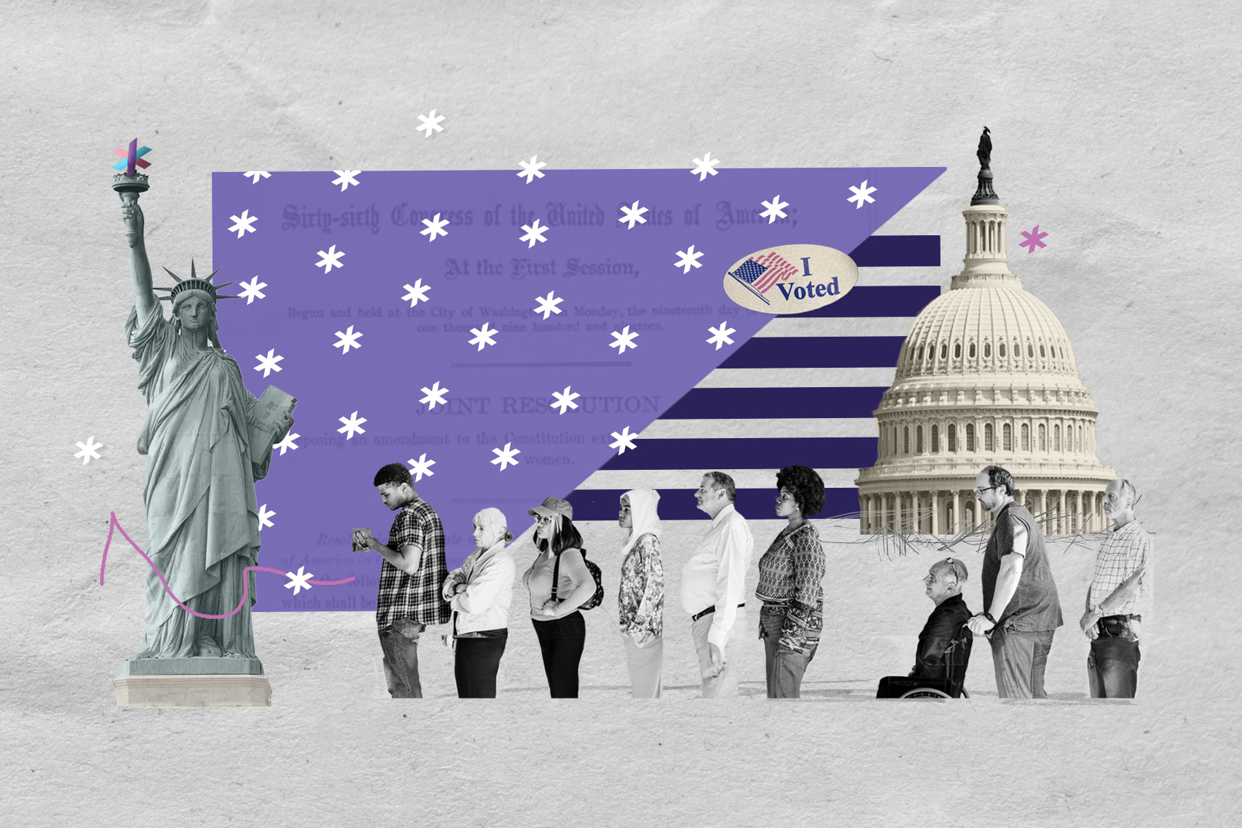 Photo illustration of a modified US flag with asterisks. A diverse line of people stand in line to cast their ballots.