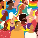 An colorful illustration of over one dozen silhouettes waving flags and celebrating Pride Month.