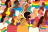 An colorful illustration of over one dozen silhouettes waving flags and celebrating Pride Month.