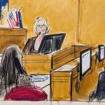 A courtroom sketch of Jurors taking notes as Stormy Daniels testifies in Manhattan criminal court.