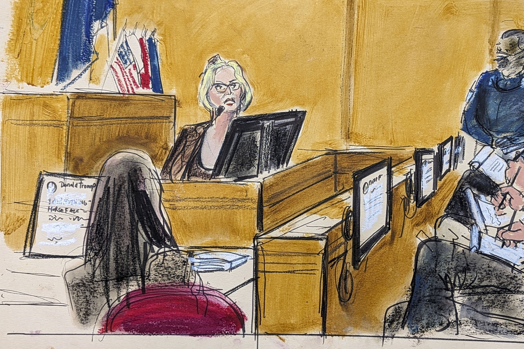 A courtroom sketch of Jurors taking notes as Stormy Daniels testifies in Manhattan criminal court.