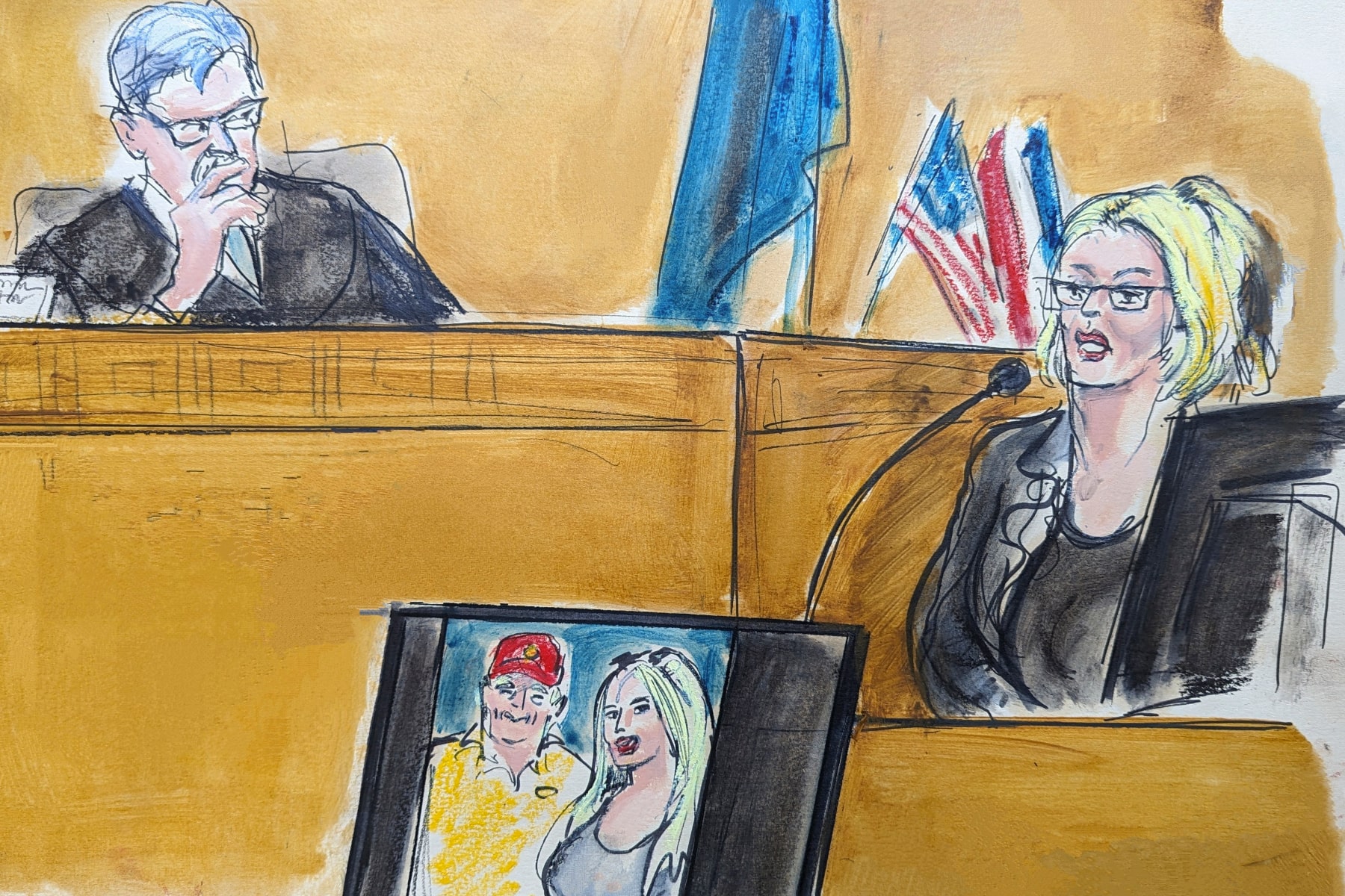A courtroom sketch showing Judge Juan Merchan looking as Stormy Daniels testifies. An image of Trump and Daniels together is in the foreground.