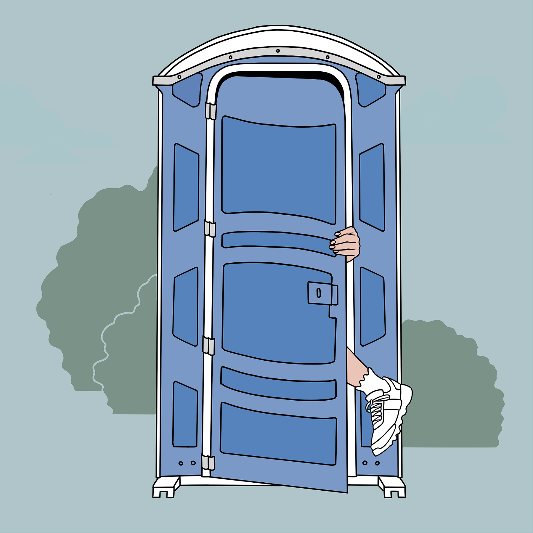 Illustration: A person is seen walking into a porta potty.