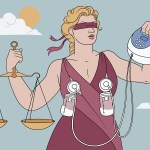 illustration of Lady Justice with scales in the left hand and a portable breast pump in the other. Two pumps are attached to her breasts.