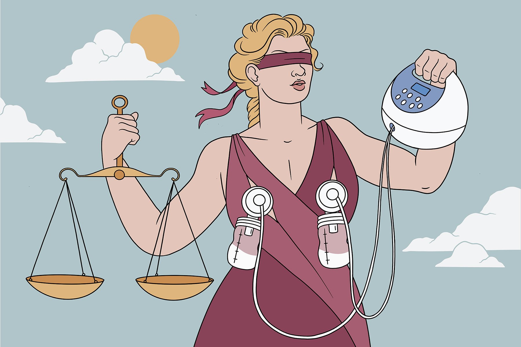 illustration of Lady Justice with scales in the left hand and a portable breast pump in the other. Two pumps are attached to her breasts.