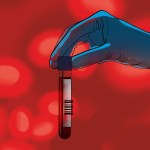 Illustration of gloved hand holding a blood sample.