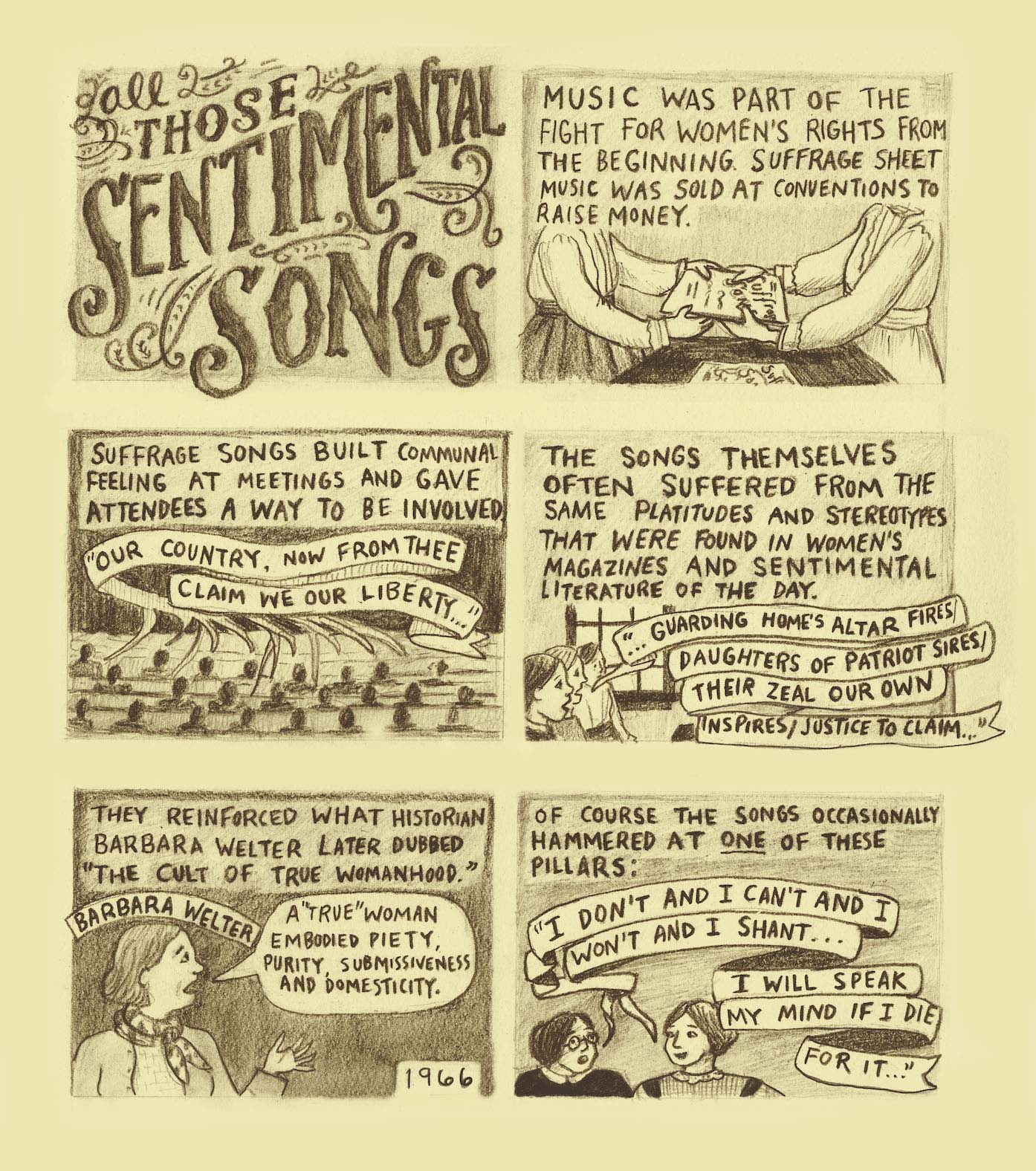 An excerpt from Caitlin Cass's graphic nonfiction book discusses suffragette songs