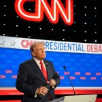 former President Donald Trump is seen during a break in the CNN Presidential Debate at the CNN Studios.