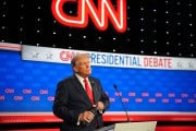 former President Donald Trump is seen during a break in the CNN Presidential Debate at the CNN Studios.