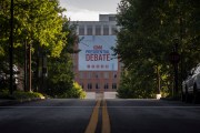 Banners are placed outside of CNN studios ahead of the first presidential debate in Atlanta, Georgia on June 24, 2024. The Banner reads 