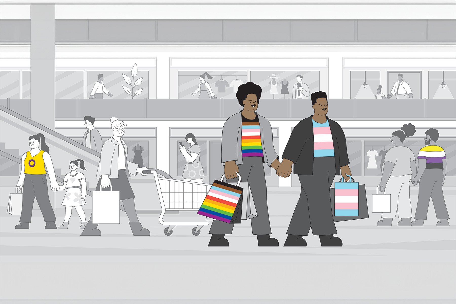 Illustration of a couple in a shopping mall in progress and transgender Pride flag colored shirts. Behind them, other people shop, some wearing pride shirts.