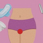 Photo illustration of a lower body with a red circle in the middle with period pads, tampons and cups around it.