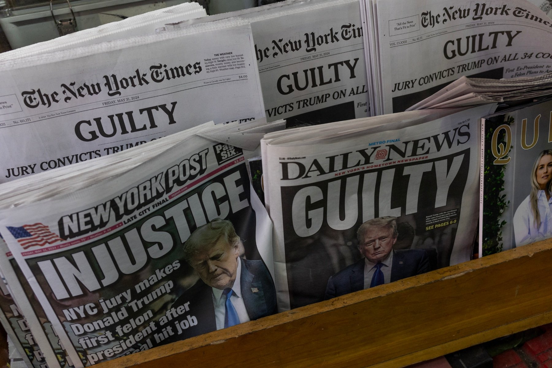 Newspapers are seen the morning after former President Donald Trump was convicted in the hush money trial on May 31, 2024, in New York City.