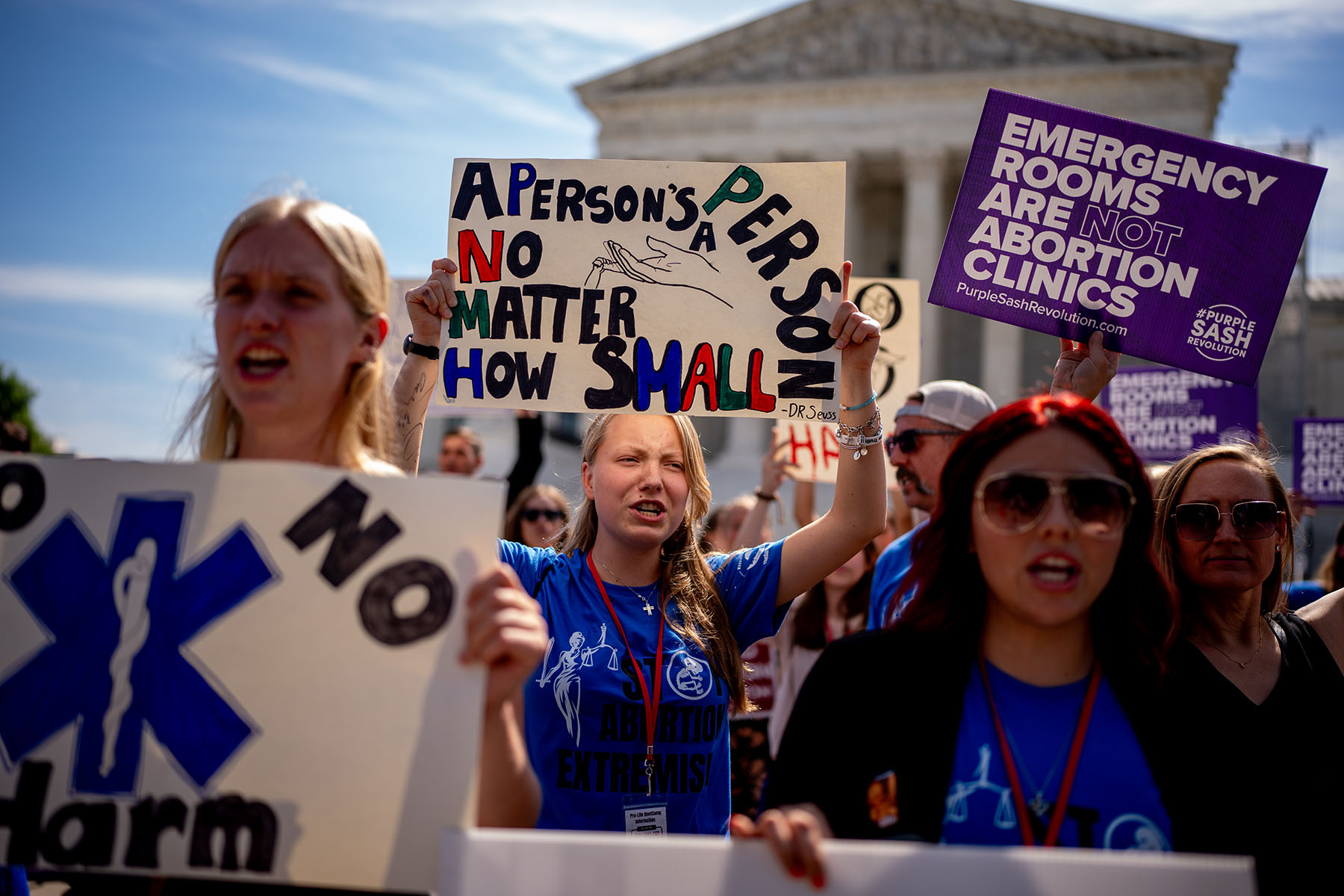 A group of anti-abortion supporters rally in front of the Supreme Court on June 20, 2024 in Washington, D.C. Signs read "A person's a person no matter how small." and "Emergency rooms are not abortion clinics."