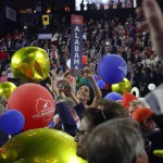 The crowd celebrates as balloons fall at the conclusion of former president Donald Trump's speech accepting the party's presidential nomination.