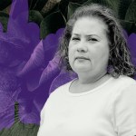 Photo illustration of Elbia L. Altamirez layered on top of a background of purple and green leaves.