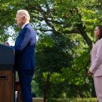 President Joe Biden, joined by Vice President Kamala Harris, delivers remarks in the Rose Garden of the White House.