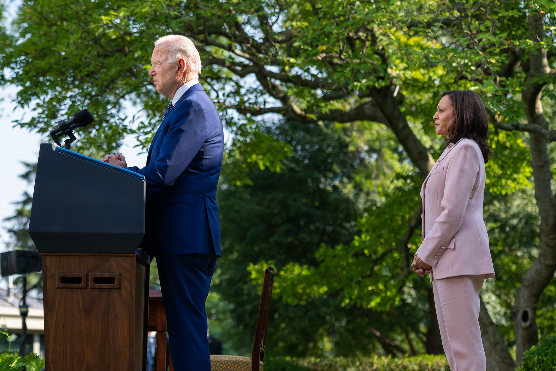 President Joe Biden, joined by Vice President Kamala Harris, delivers remarks in the Rose Garden of the White House.