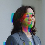 Image of Kamala Harris smiling, digitally altered with glitch effects that distort her features and add streaks of colorful static across the image.