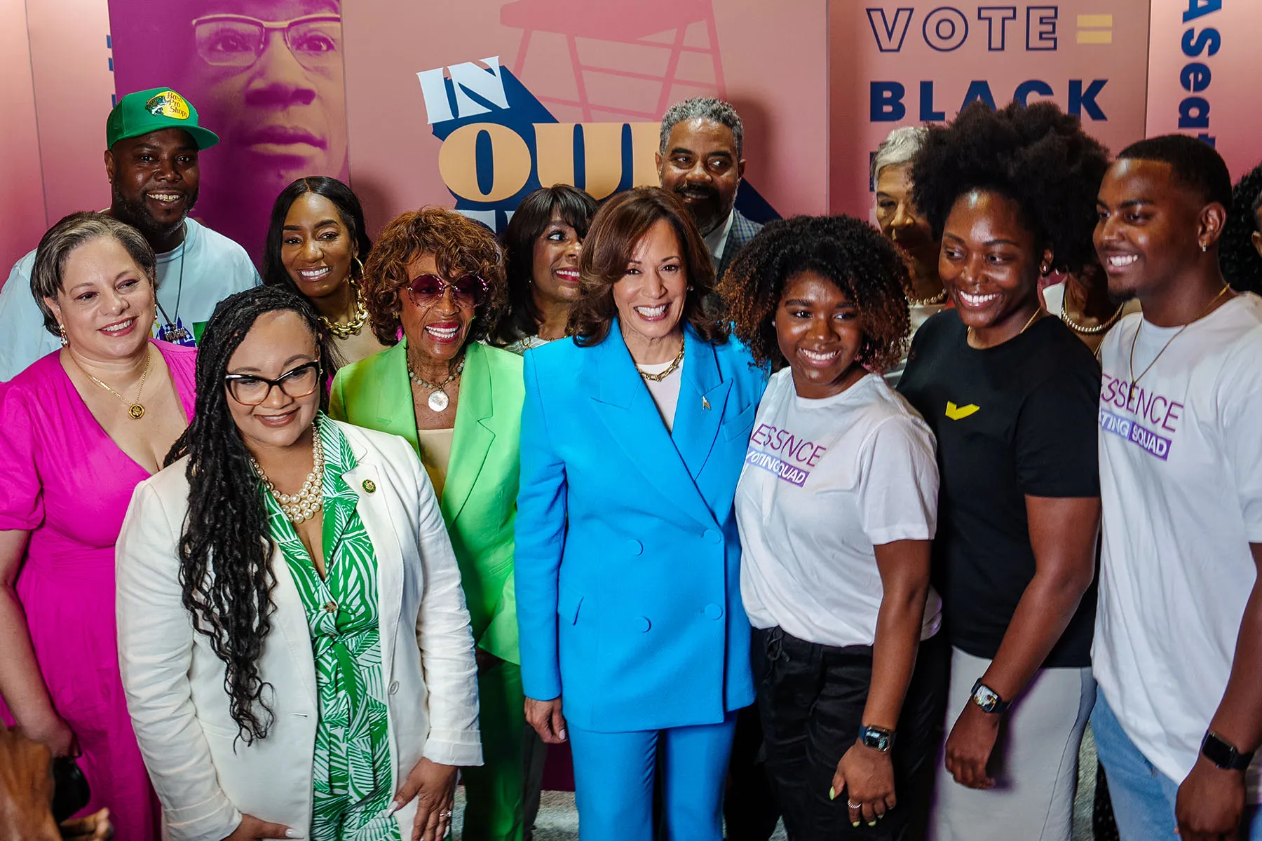 Vice President Kamala Harris poses with Rep. Maxine Waters and others at the Essence Festival of Culture.