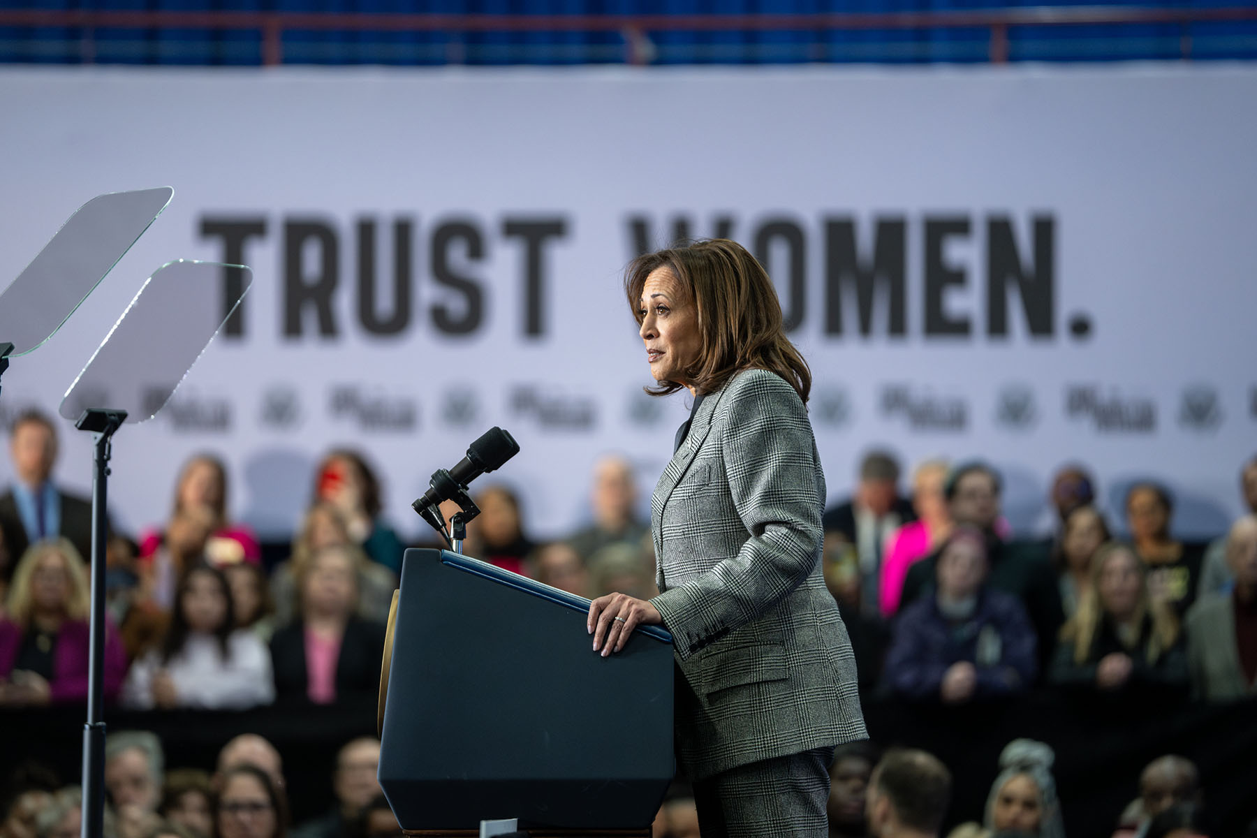 Vice President Harris delivers remarks in Big Bend, Wisconsin, in January 2024.