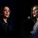 diptych of Kamala Harris (left) and Gretchen Whitmer (right)