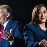 Photo collage of Trump and Harris back to back.