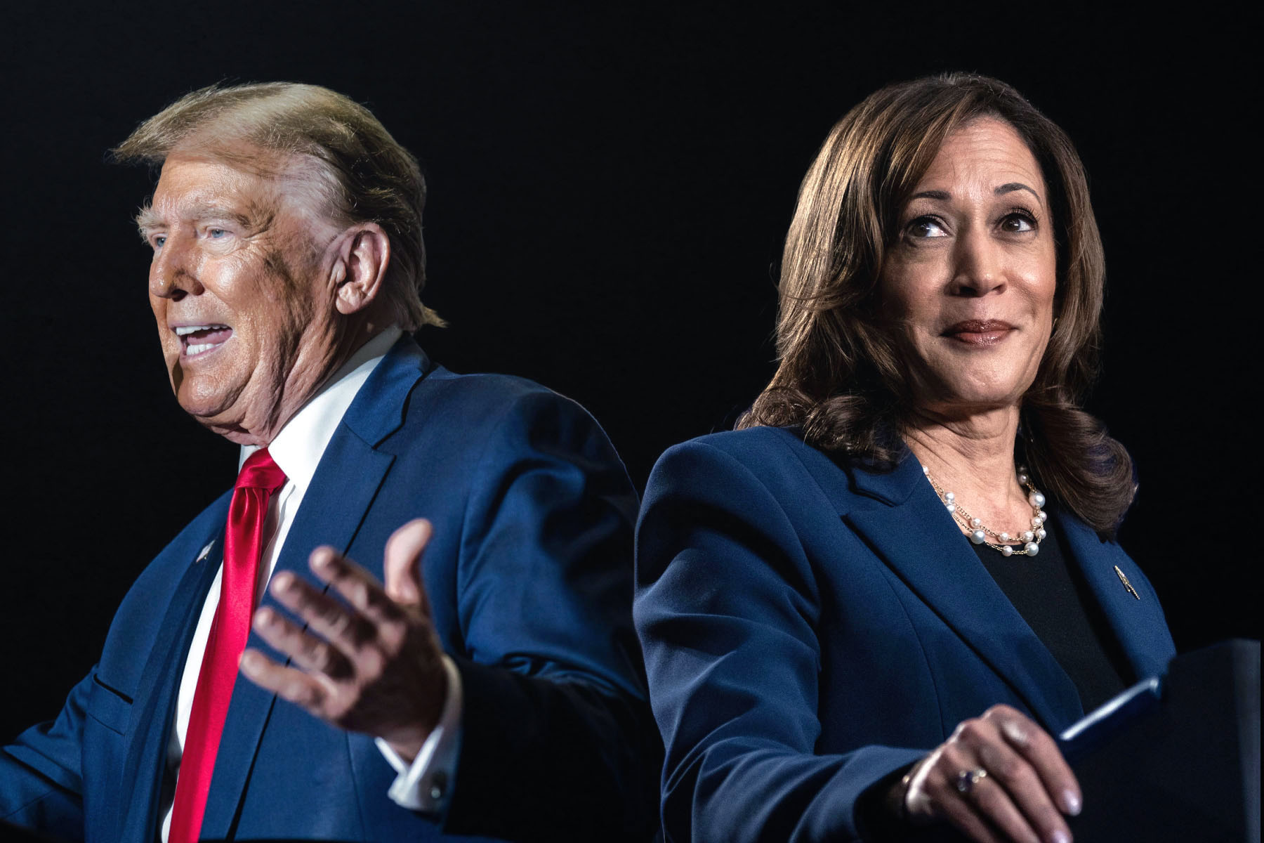 Photo collage of Trump and Harris back to back.