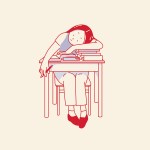 illustration of a student hunched over her desk with her head resting on her school books.