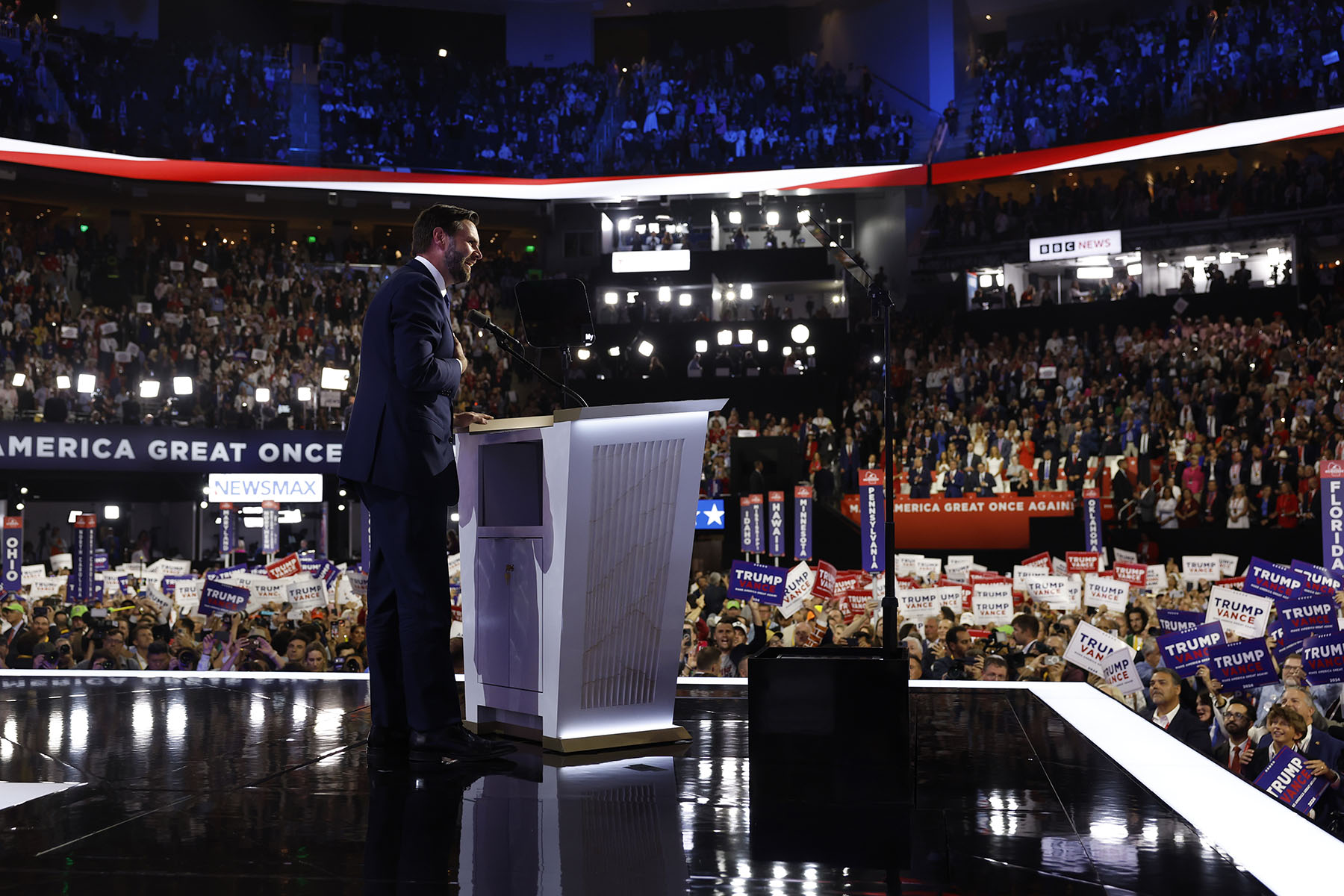 Sen. JD Vance is seen on stage as he officially accepts the VP nomination on the third day of the Republican National Convention.