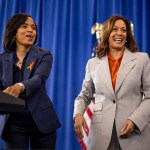 Vice President Kamala Harris joins Maryland Democratic candidate for Senate Angela Alsobrooks on stage to speak at a campaign event.