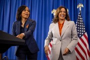 Vice President Kamala Harris joins Maryland Democratic candidate for Senate Angela Alsobrooks on stage to speak at a campaign event.