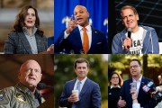 From top left: Michigan Gov. Gretchen Whitmer, Maryland Gov. Wes Moore, Mark Cuban, Arizona Sen. Mark Kelly, Secretary of Transportation Pete Buttigieg and Pennsylvania Gov. Josh Shapiro