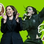 Collage of Kamala Harris clapping, Charli xcx singing and coconut and palm tree emojis.