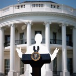 A photo illustration shows a cut out of a man speaking at the presidential podium in front of the White House.