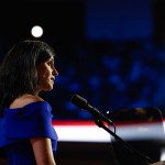 Usha Chilukuri Vance speaks on stage on the third day of the Republican National Convention.