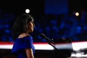 Usha Chilukuri Vance speaks on stage on the third day of the Republican National Convention.