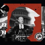 Photo of Kevin Roberts speaks during a news conference on Capitol Hill collaged with various elements including a Trump silhouette, a bible, an american flag, etc.