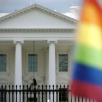 A pride flag is seen in front of the White House.