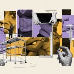 An abstract collage depicting the theme of body measurement and gender policing. The composition features various human body parts, including close-ups of a muscular torso, a flexed arm, a waist being measured, and hands using measuring tools. The collage also includes images of a scaffolding structure, rulers, a tape measure, and a compass.