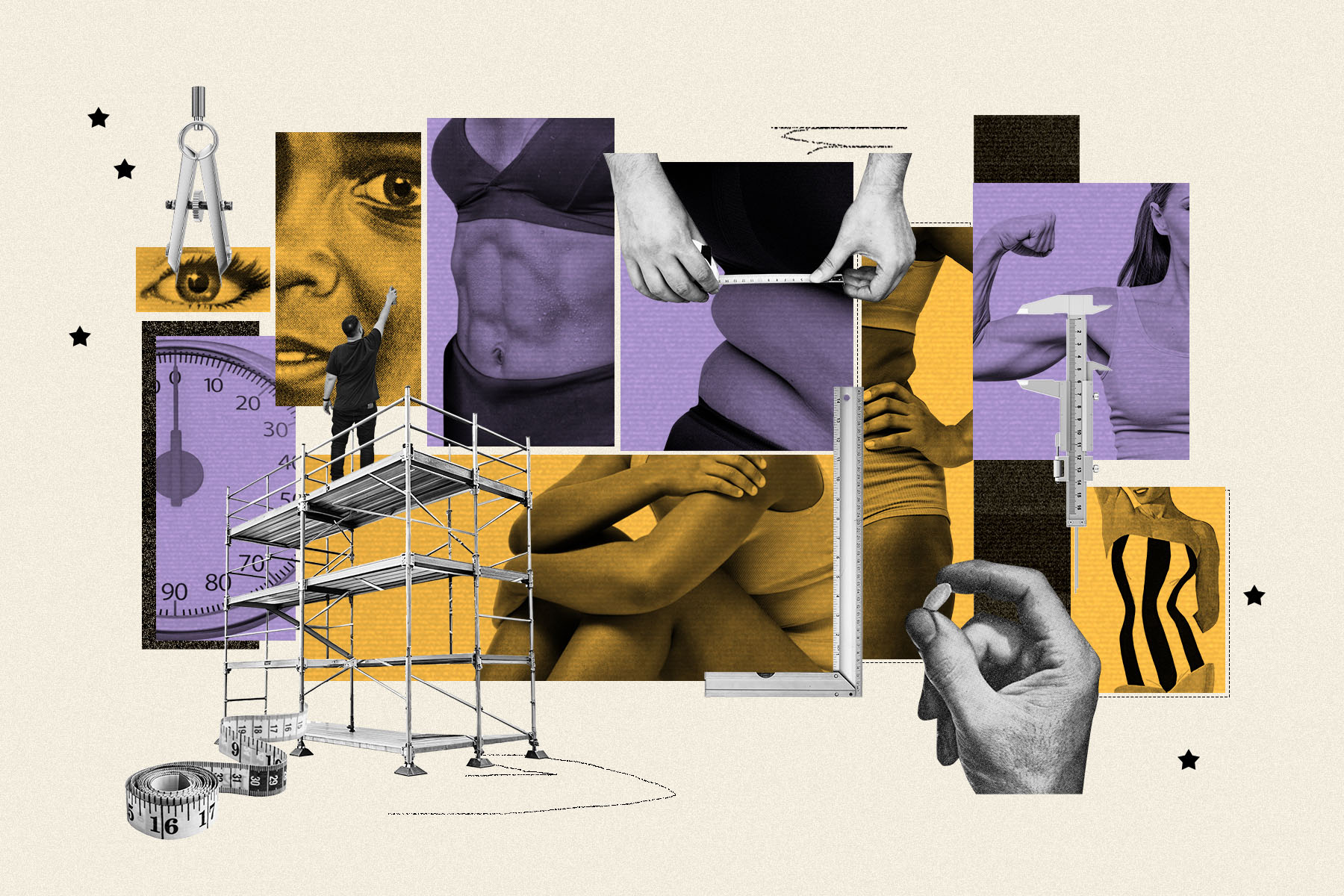 An abstract collage depicting the theme of body measurement and gender policing. The composition features various human body parts, including close-ups of a muscular torso, a flexed arm, a waist being measured, and hands using measuring tools. The collage also includes images of a scaffolding structure, rulers, a tape measure, and a compass.