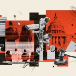 Collage-style illustration featuring elements of surveillance, government, and activism. Security cameras overlooking a group of people, with the U.S. Capitol building in the background. Surrounding these are various symbols of justice and control, including a gavel, a megaphone, and scattered pills.