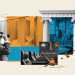 Collage-style illustration on which on one side, a man in a suit and hat uses binoculars to peer into a row of bathroom stalls. The other side features the interior of a courtroom with columns and gavels are scattered throughout.