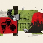 An abstract illustration depicting Donald Trump and the U.S. Capitol Building.